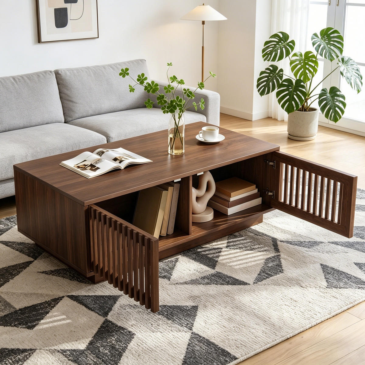KONFERENČNÍ STŮL v ořechové barvě se 2 dvířky a prolamovaným designem, 100×50×35 cm - barva vlašského ořechu, kompozitní dřevo (50/100/35cm) - STILVORA