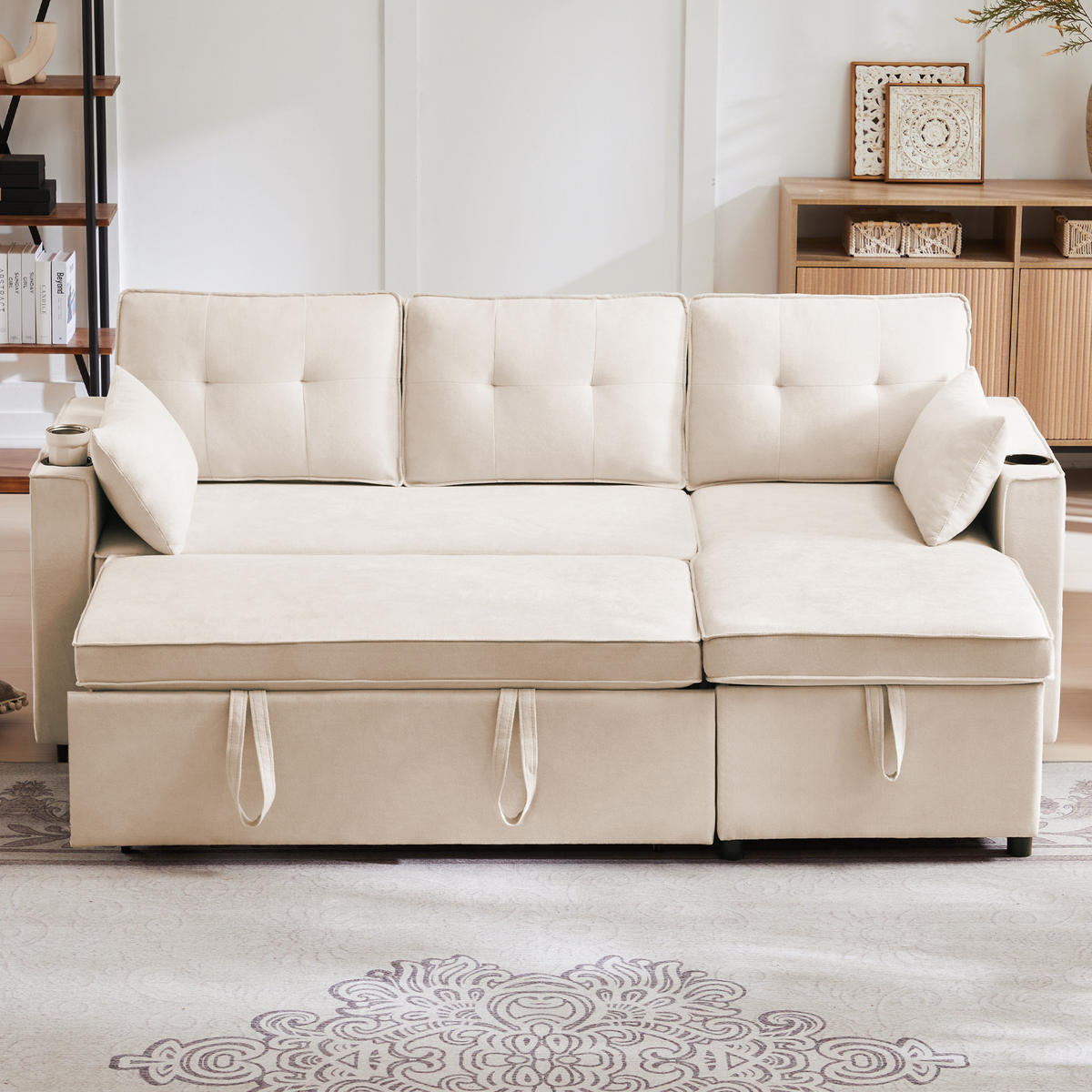 SCHLAFSOFA L-Form mit Stauraum und Getränkehalter - Beige, Textil (211/86/129.5cm)