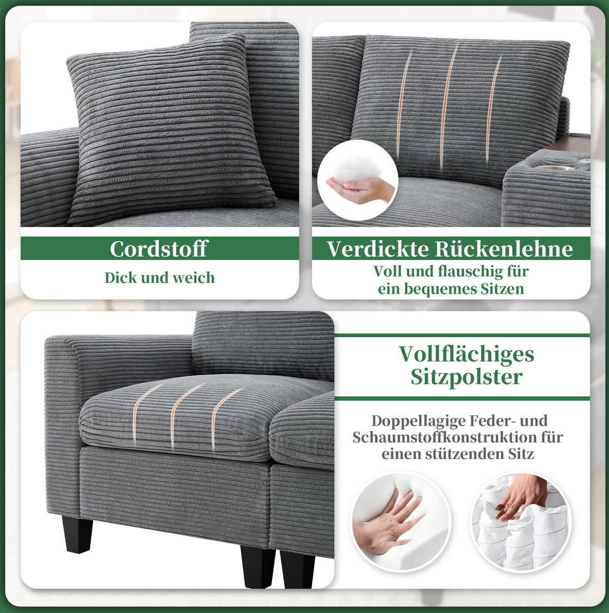 ECKSOFA Cord mit Konsole USB-Anschluss und Becherhalter 229/149,5/83 cm Grau - Grau, Kunststoff/Textil (83/149.5cm) - Redom