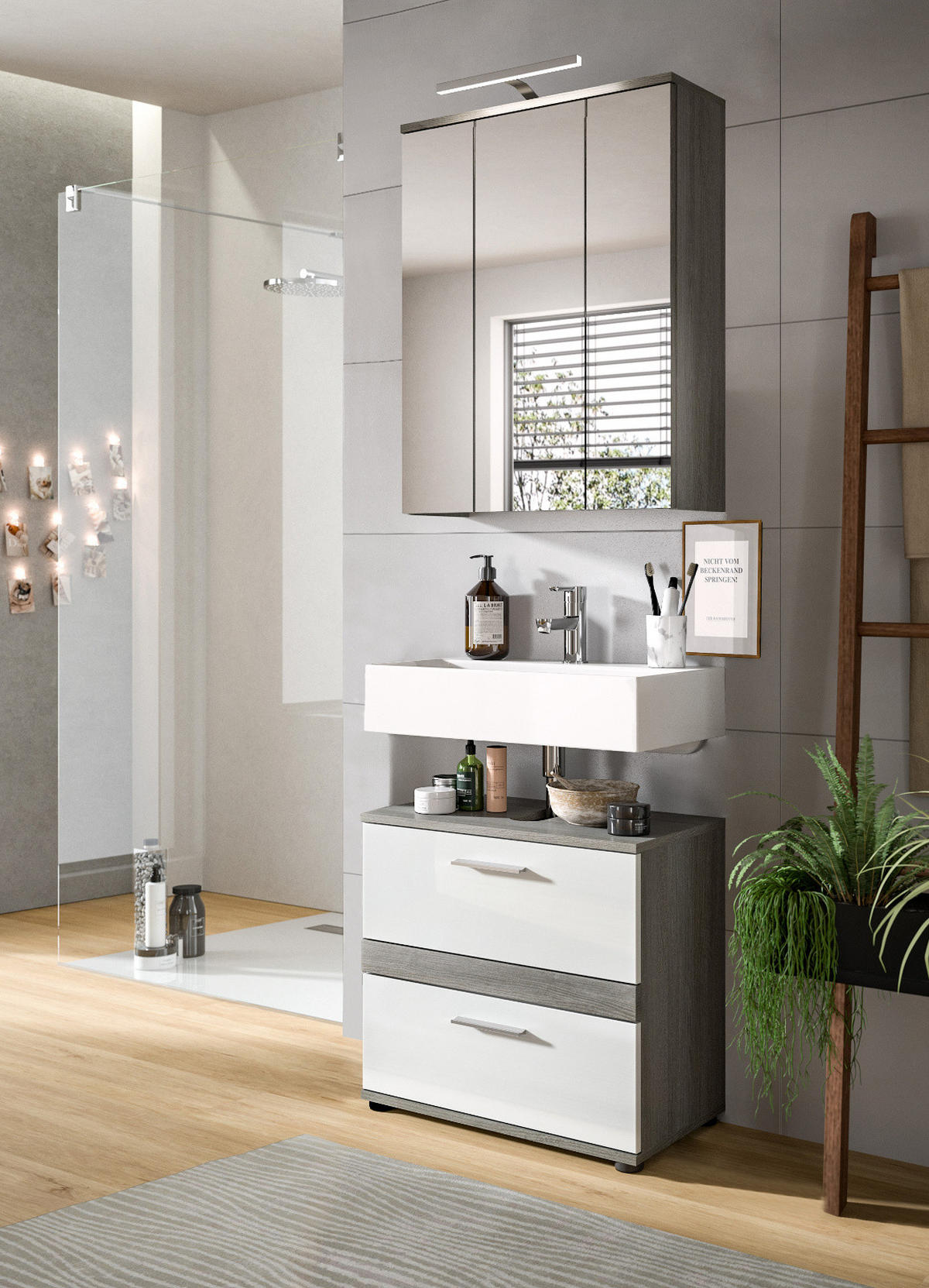 BADMÖBEL-SET weiß Hochglanz, grau 2-teilig 60 cm, Kombination mit viel Stauraum - Weiß Hochglanz/Grau, Holzwerkstoff (60/191/34cm) - Inn.Furn
