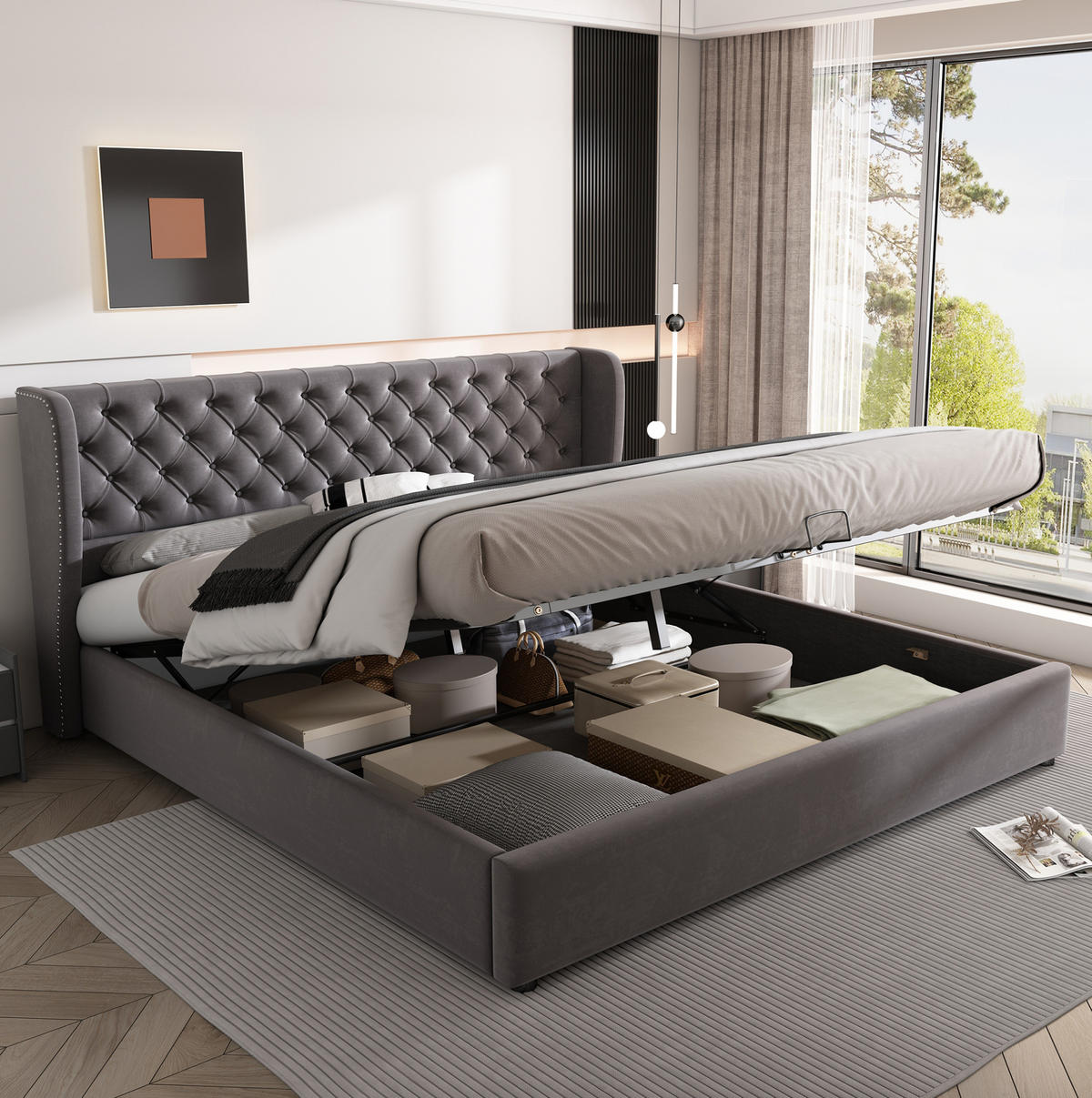 POLSTERBETT aus Samt 160x200 cm Grau mit hydraulischem Bettkasten und Lattenrost - Grau, Textil (160/200cm) - IVMEU