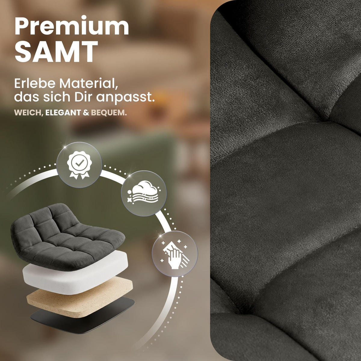 STUHL Samt Dunkelgrau - Dunkelgrau/Schwarz, Textil/Metall (45/84/55cm) - CLP