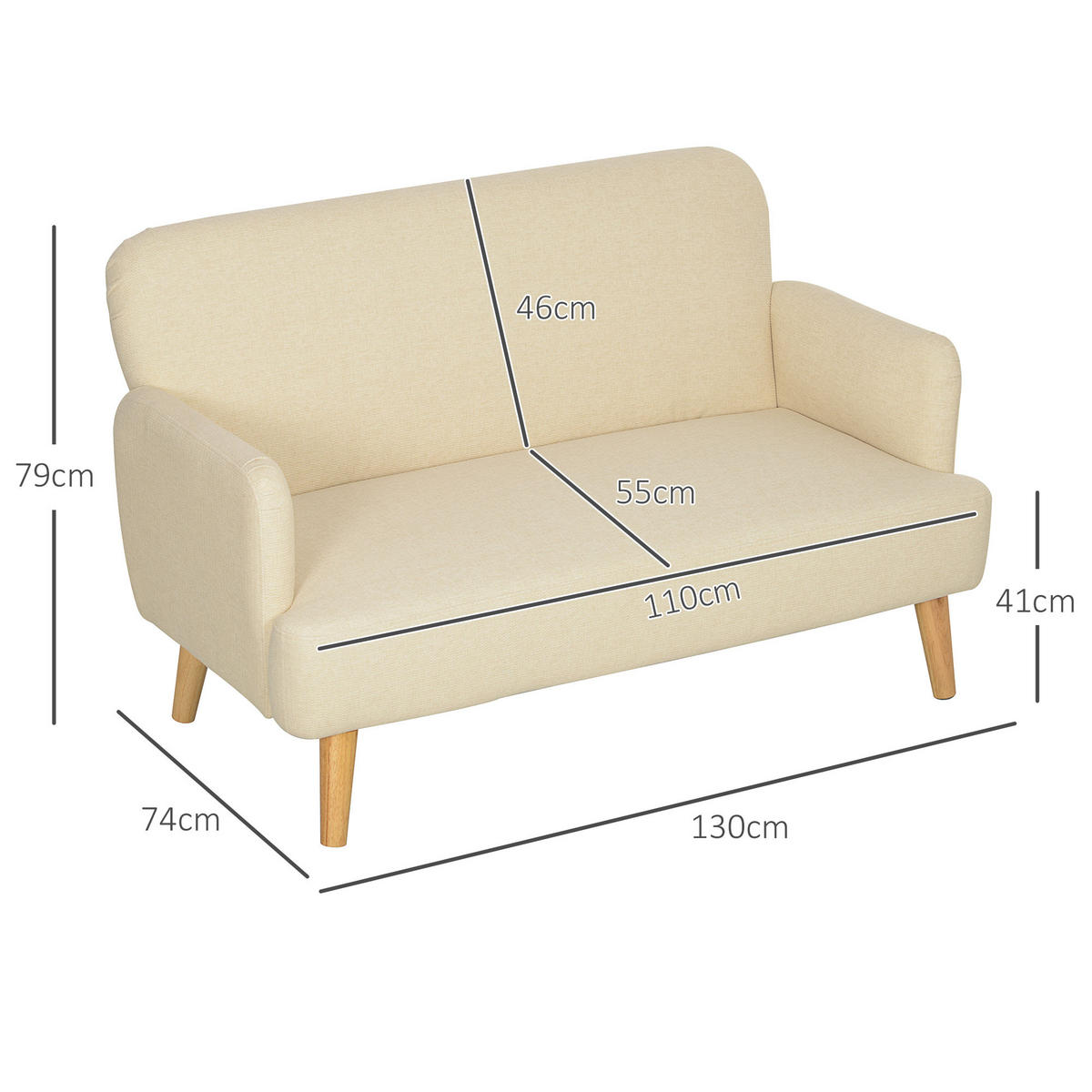 SOFA, 2 Sitzer , 130 x 74 x 79 cm, Cremeweiß - Weiß, Textil (130/79/74cm) - HOMCOM