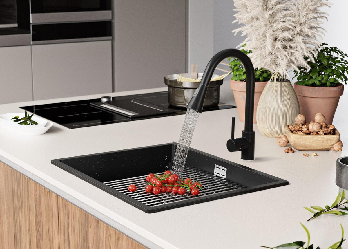 SPÜLBECKEN Prag, 3-er set Schwarz Metallic 86/47 cm, 1 Becken + Ablauf-Set + Aufrollbare Abtropffläche ab 90er Unterschrank - Chromfarben/Schwarz Hochglanz, Kunststoff (86/20/47cm) - Primagran