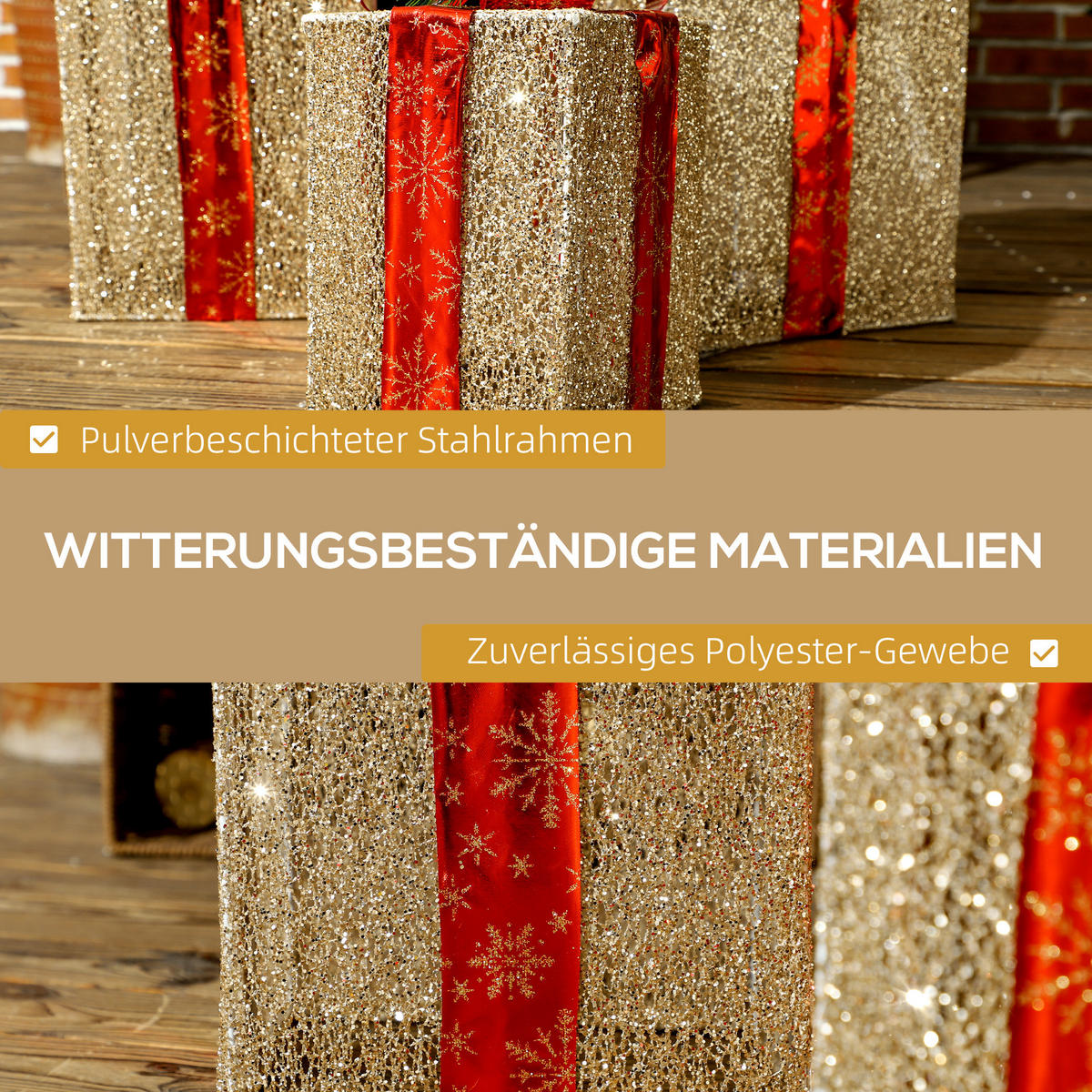 WEIHNACHTS-GESCHENKBOXEN-SET für Innen- und Außendekoration, mit 58 LED-Lichtern, Goldton - Goldfarben, Kunststoff/Metall (25.5/35/25.5cm) - Outsunny
