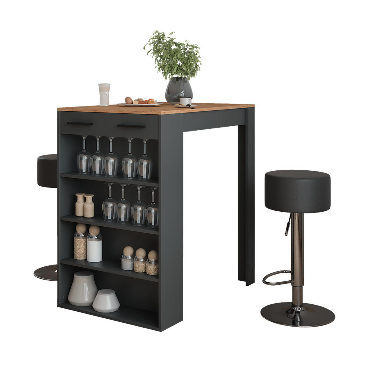 STOJACÍ BAROVÝ STŮL SE ŽIDLEMI Repose Antracit - medově dubová/antracitová, kompozitní dřevo (100/67/106cm) - Vicco