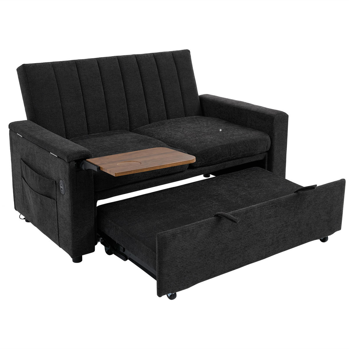 SCHLAFSOFA 140/84.5/84 cm Grau mit Klapptablett, USB & Type-C Ladeanschluss, Seitentaschen und Rollen - Grau, Textil (140/84/84.5cm) - Oxeza