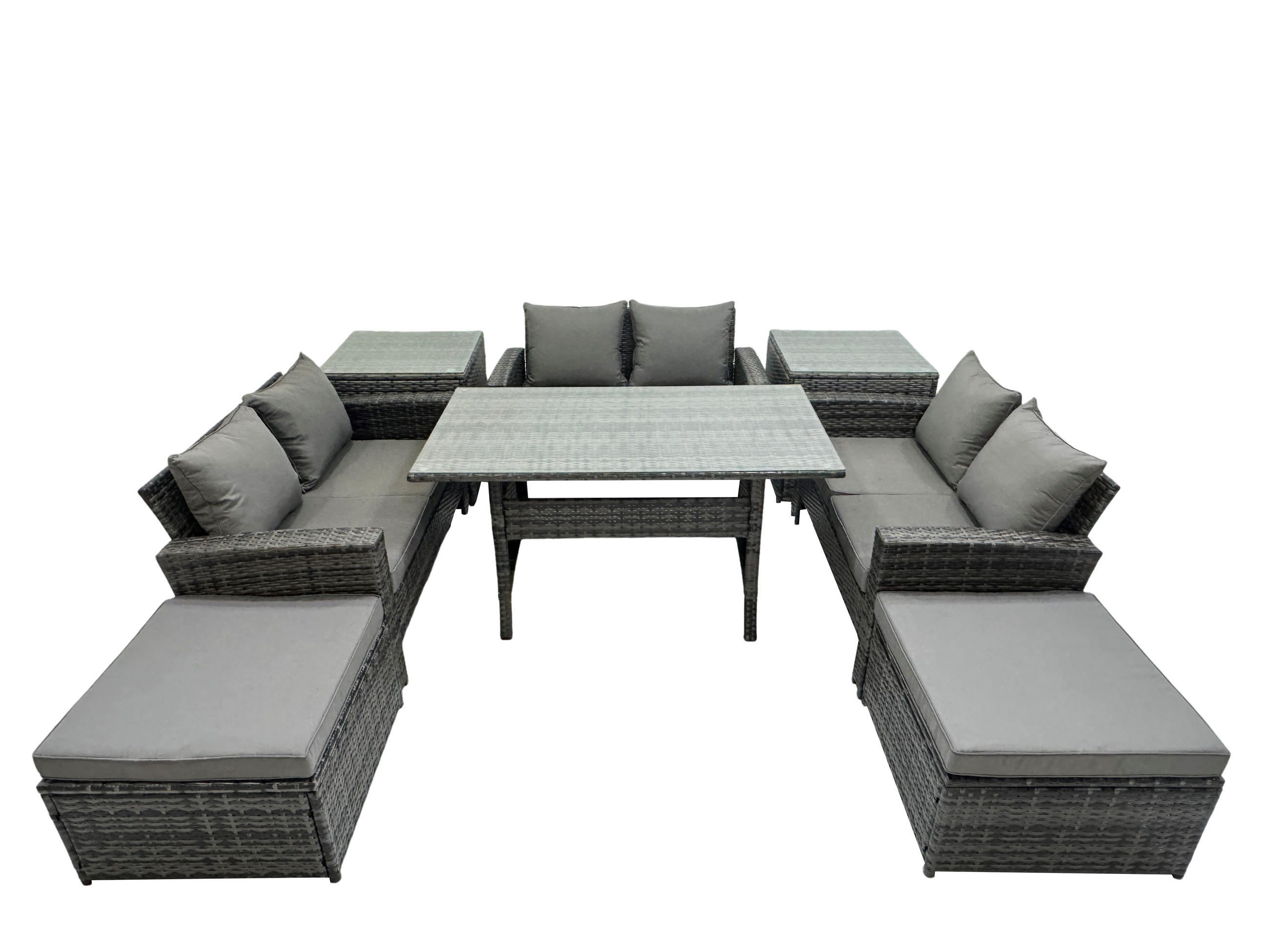 GARTENMÖBELSET mit Zweisitzer,2 Hockern,Esstisch,2 Beistelltischen Polyrattan Dunkelgrau 8-Sitzer - Dunkelgrau/Grau, Glas/Kunststoff - Fimous