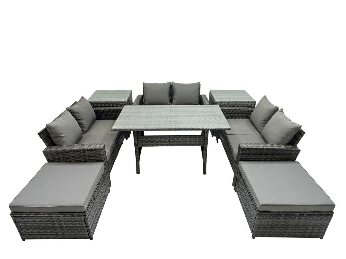 GARTENMÖBELSET mit Zweisitzer,2 Hockern,Esstisch,2 Beistelltischen Polyrattan Dunkelgrau 8-Sitzer - Dunkelgrau/Grau, Glas/Kunststoff - Fimous