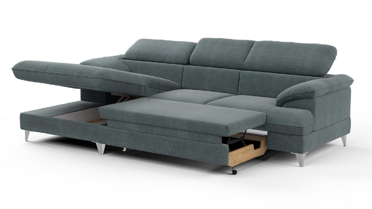 ECKSOFA mit Schlaffunktion und Bettkasten, verstellbare Kopfstützen - Chromfarben/Anthrazit, Textil/Metall (254/167cm) - Cotta