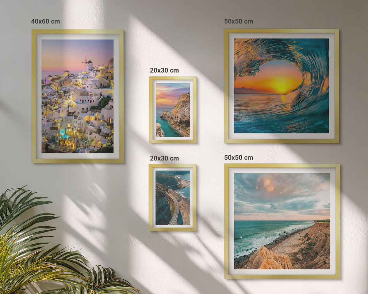 WANDBILDER 5er Set - 50x50 cm & 20x30 cm & 40x60 cm Goldrahmen - Meereswellen, weiße Häuser, Santorini - Goldfarben, Kunststoff (40/60cm) - ArtPrintCave