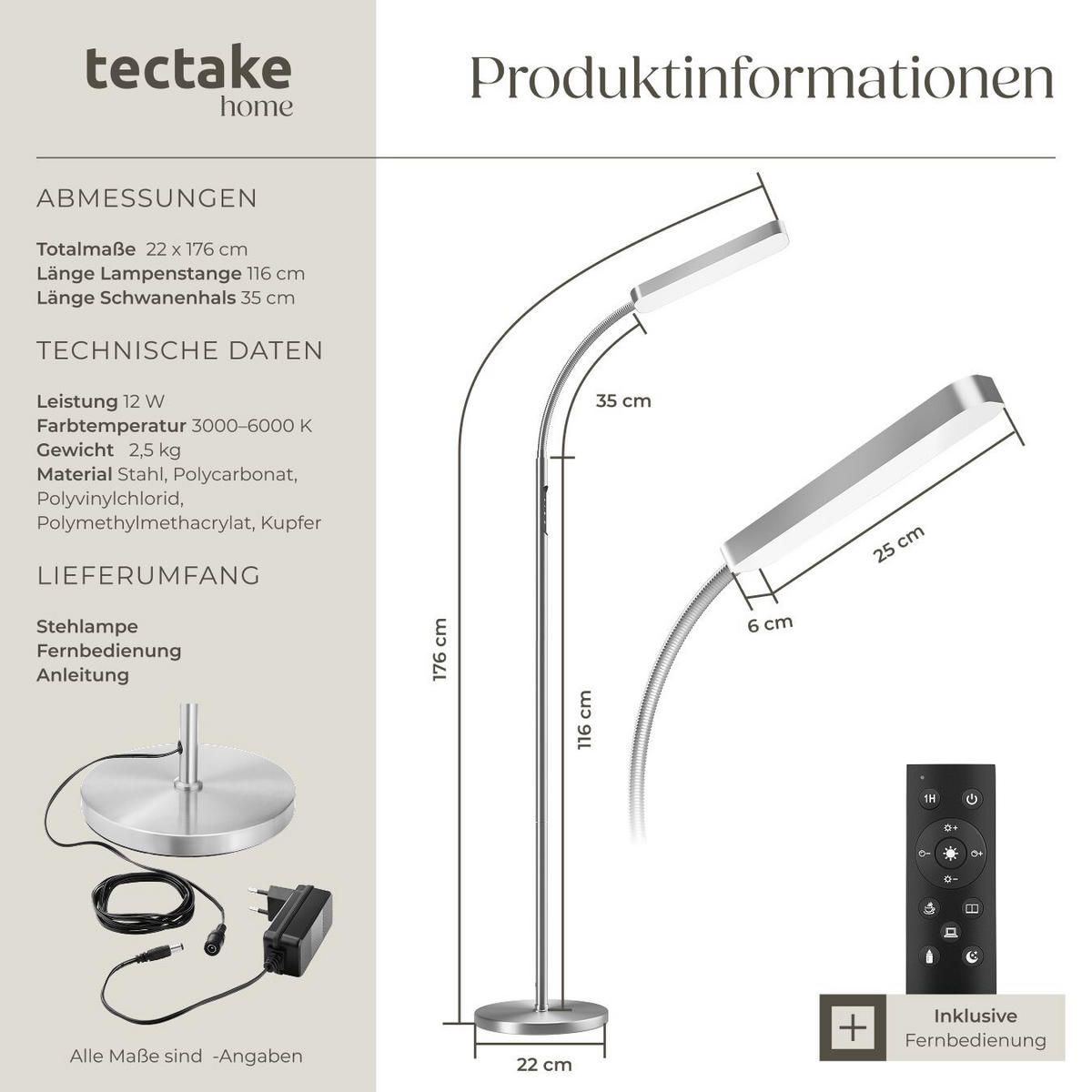 STEHLAMPE Prisma,22 x 176 cm,silber - Silberfarben, Metall (22/22/176cm) - tectake