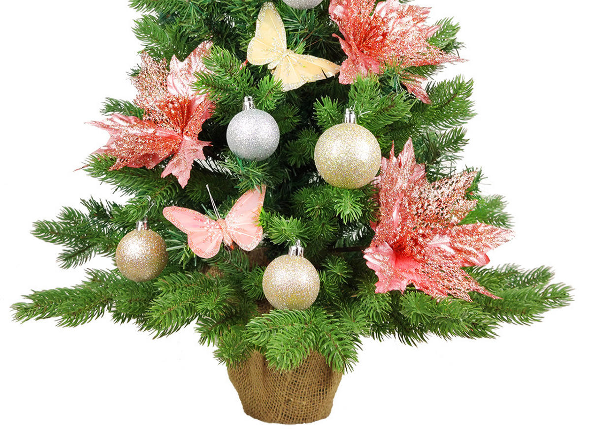 WEIHNACHTSBAUM künstlicher 60 cm mit LED-Beleuchtung, POMPADURKA, mit 35 Weihnachtsbaumschmuck, Pflanztopf mit Jutesack - Champagner/Pink, Kunststoff/Stein (40/60cm) - LAALU