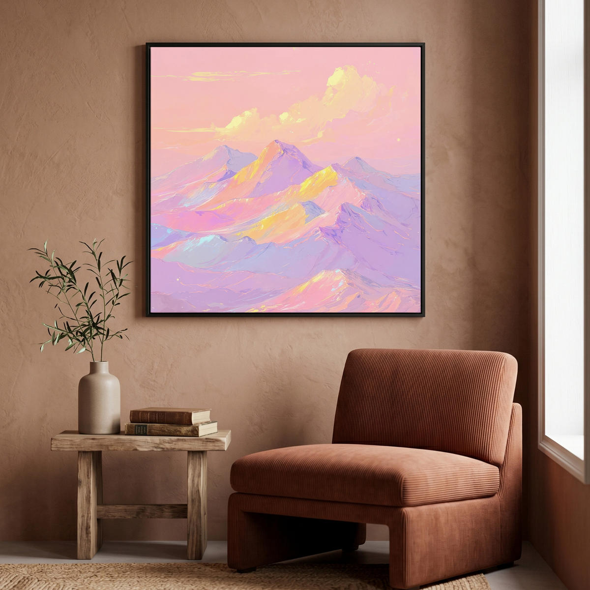 LEINWAND Bilder mit Rahmen - Berggipfel - Wolken - Verträumt - 90x90 - Hellrosa, Textil (90/90cm) - MuchoWow