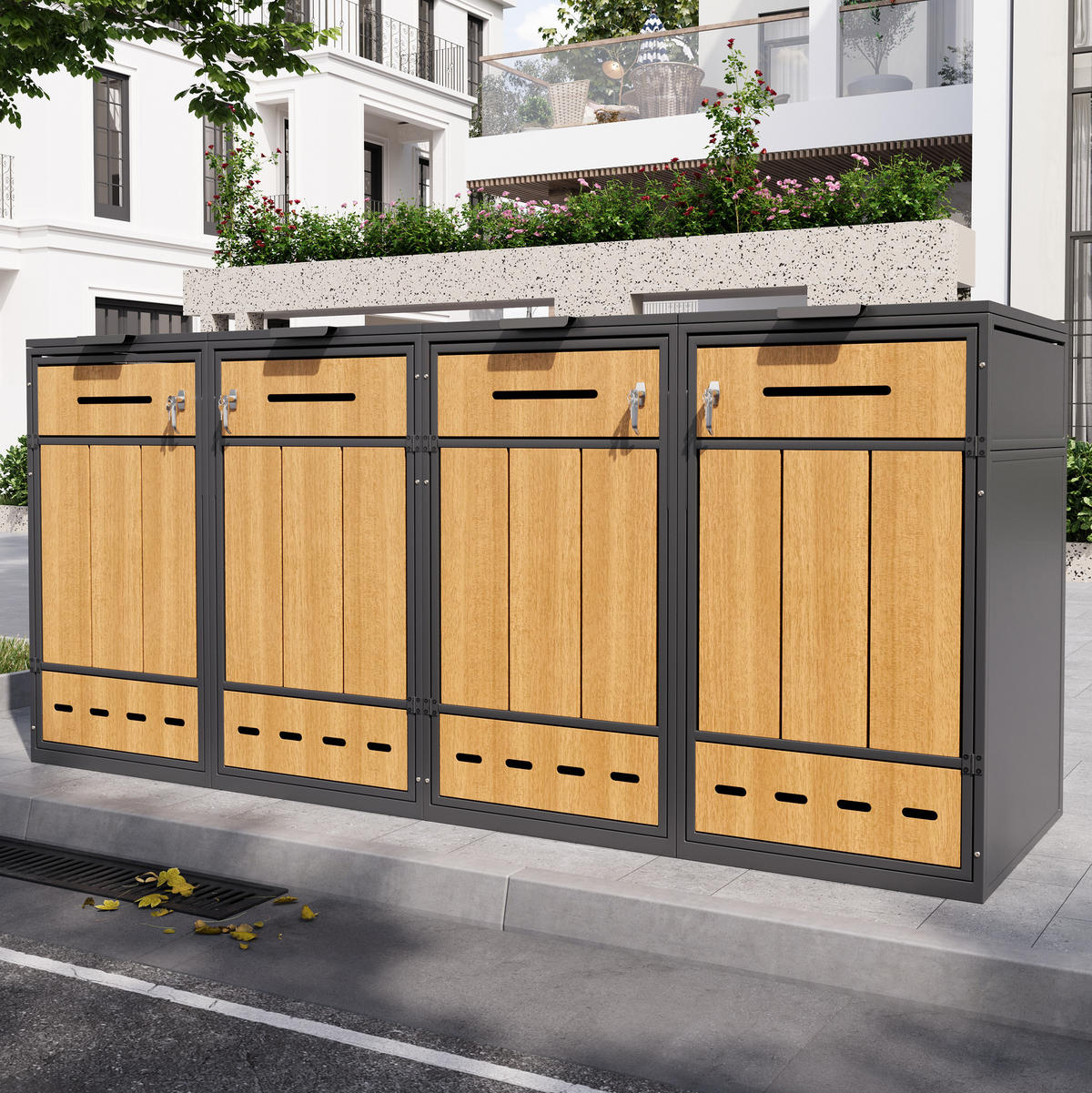BOX na odpadkové koše z oceli 264x80x118 cm šedá/dekor dřeva se 4 oddíly, výklopným víkem, předními dvířky a větráním - šedá, kov (264/118/80cm) - Modfu