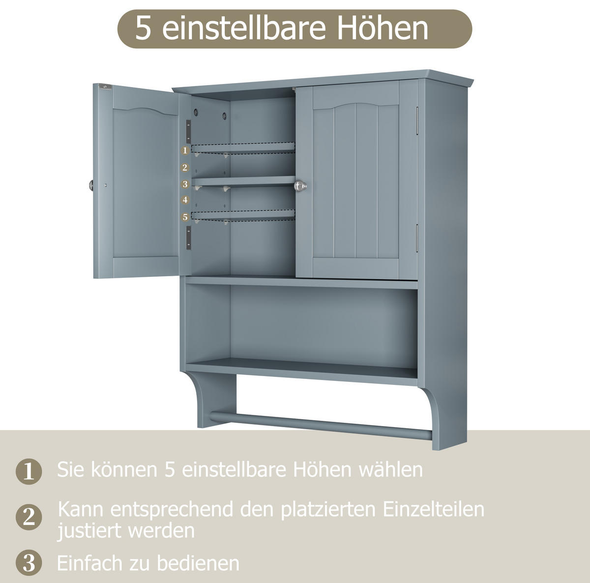 WANDSCHRANK Badezimmerschrank 56.8x19x70 cm Hellgrau aus Holzwerkstoff mit verstellbaren Regalen - Hellgrau, Holzwerkstoff (56.8/70/19cm) - Modfu