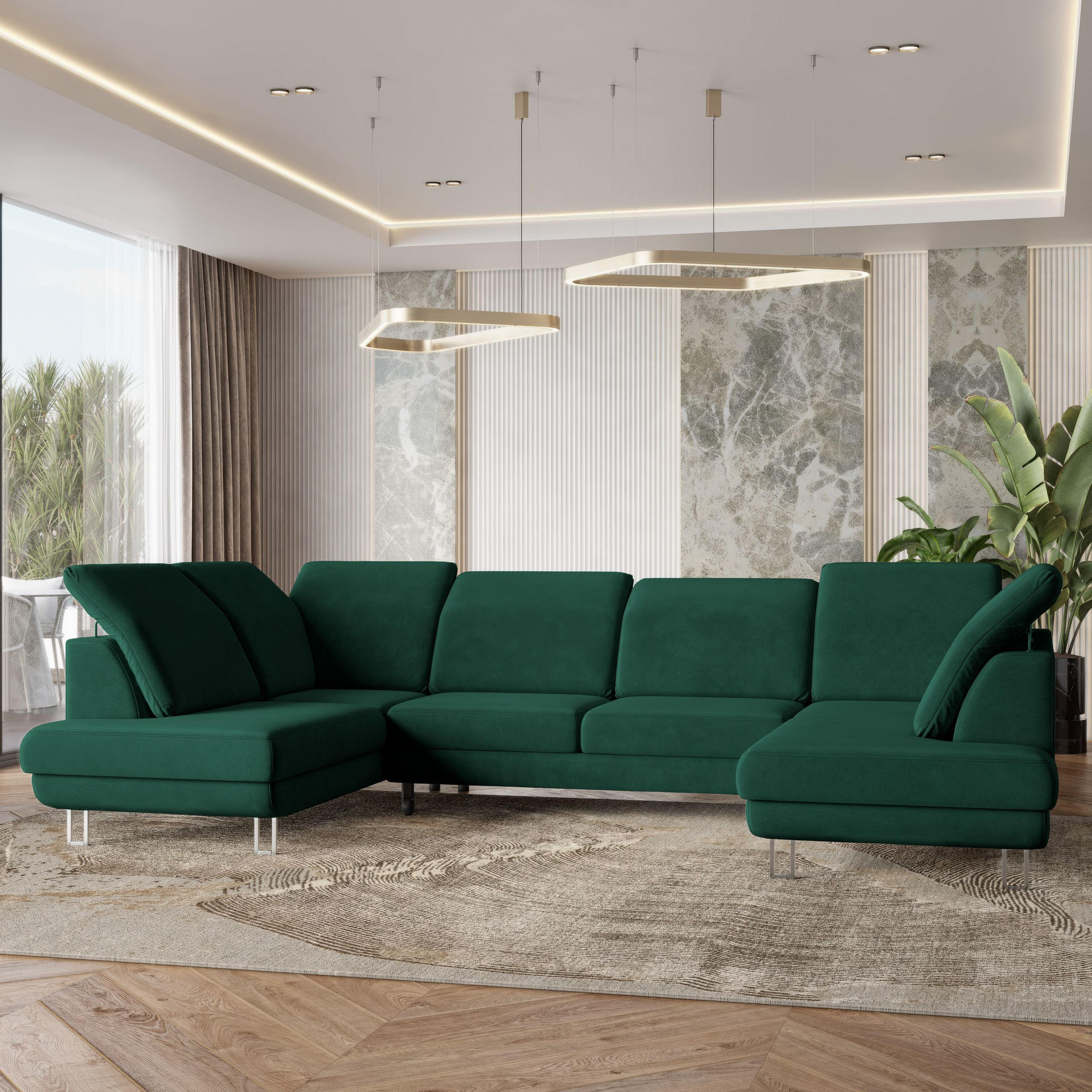 WOHNLANDSCHAFT TERAMO Grün Velours-Stoff mit Schlaffunktion - Grün, Holz (316/88/193cm) - MASSENO