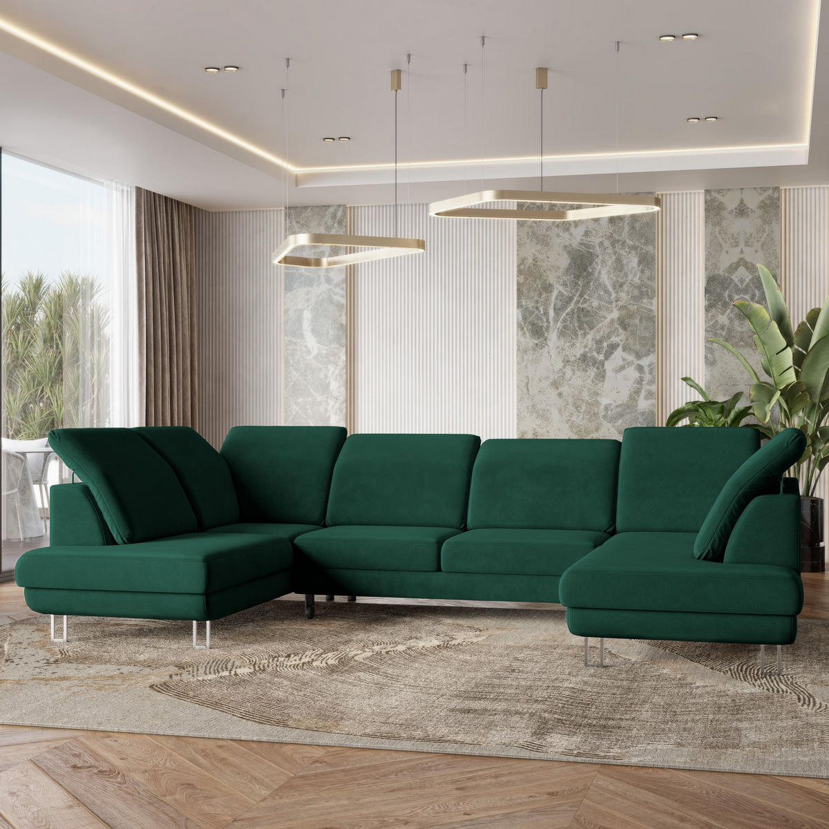 WOHNLANDSCHAFT TERAMO Grün Velours-Stoff mit Schlaffunktion - Grün, Holz (316/88/193cm) - MASSENO