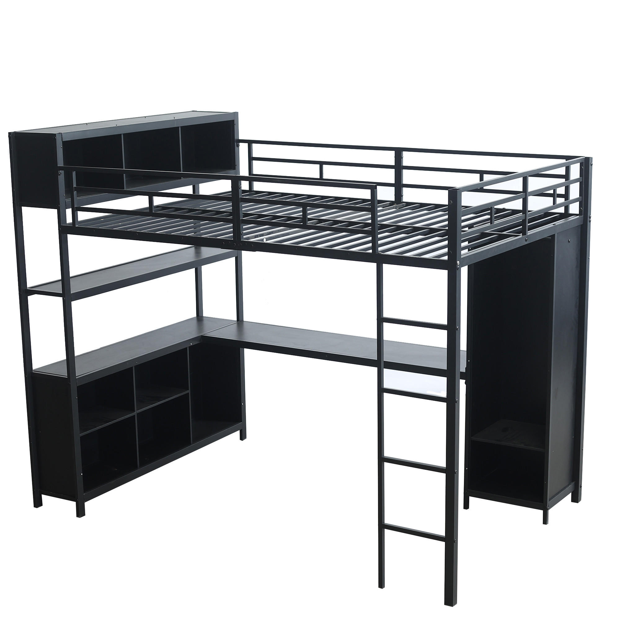 HOCHBETT 140/200 cm DE-02275, in Schwarz, mit Stauraum, Kleiderschrank und Schreibtisch - Schwarz, Holzwerkstoff/Metall (140/200cm) - ComfortXL