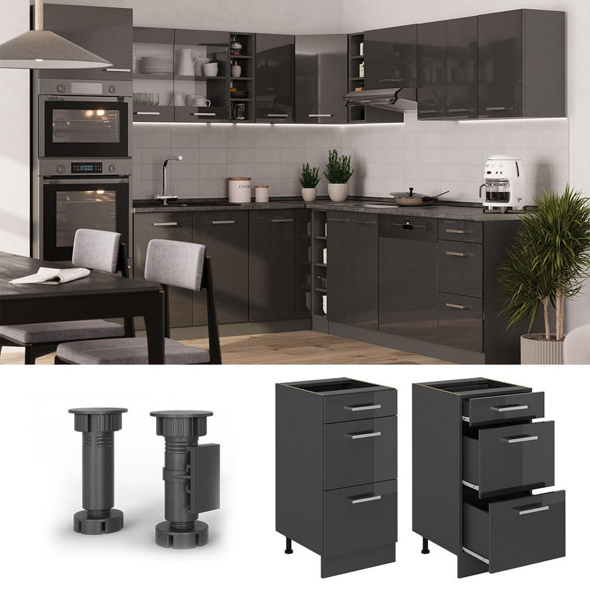 KÜCHENUNTERSCHRANK R-Line Anthrazit Hochglanz 40 cm mit Schubladen, AP Eiche - Schwarz Hochglanz/Anthrazit, Holzwerkstoff (40/81.6/60cm) - Vicco