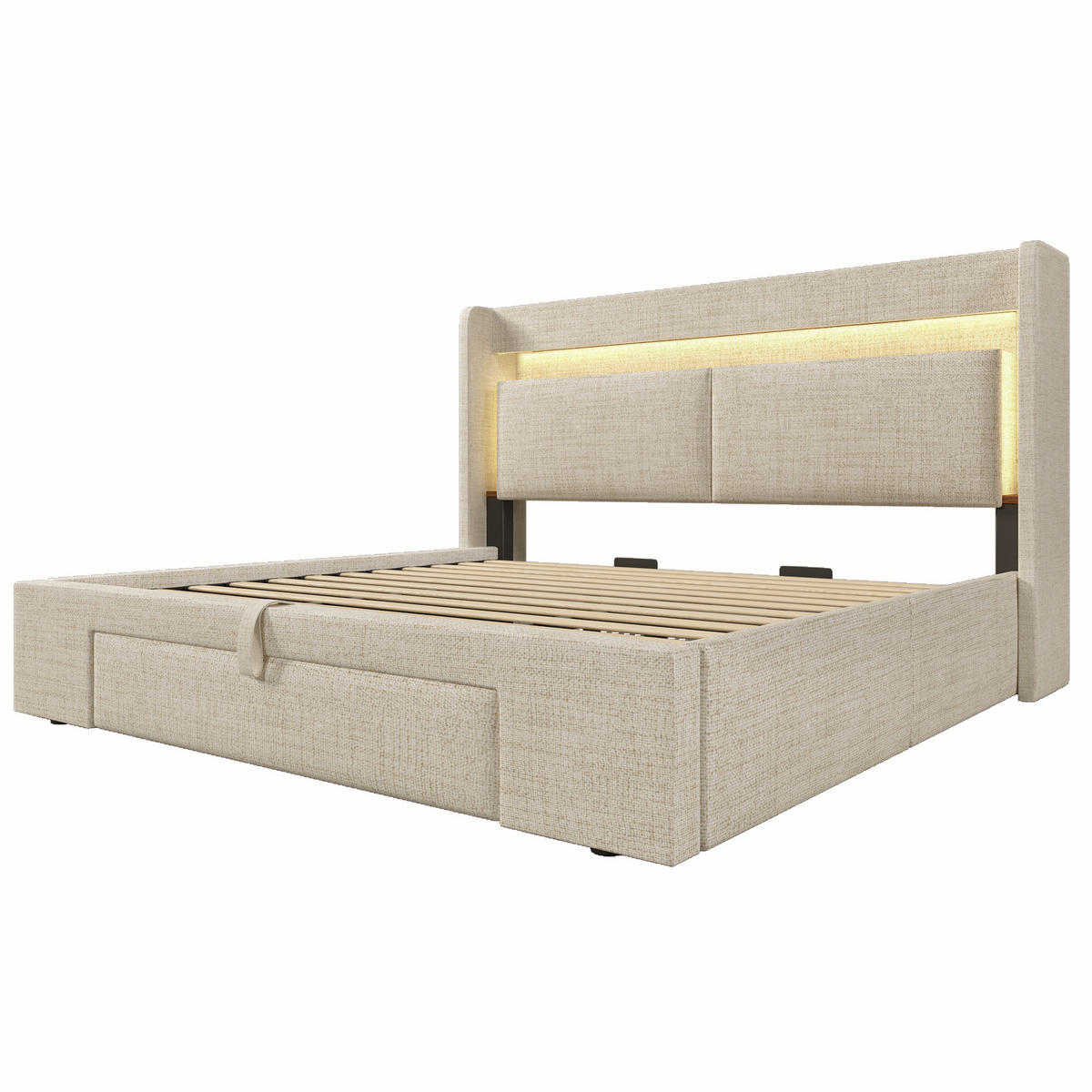 POLSTERBETT 180/200 cm mit LED, USB/USB-C, hydraulischem Stauraum und Schublade, Leinen, Beige - Beige, Textil (180/200cm) - Redom