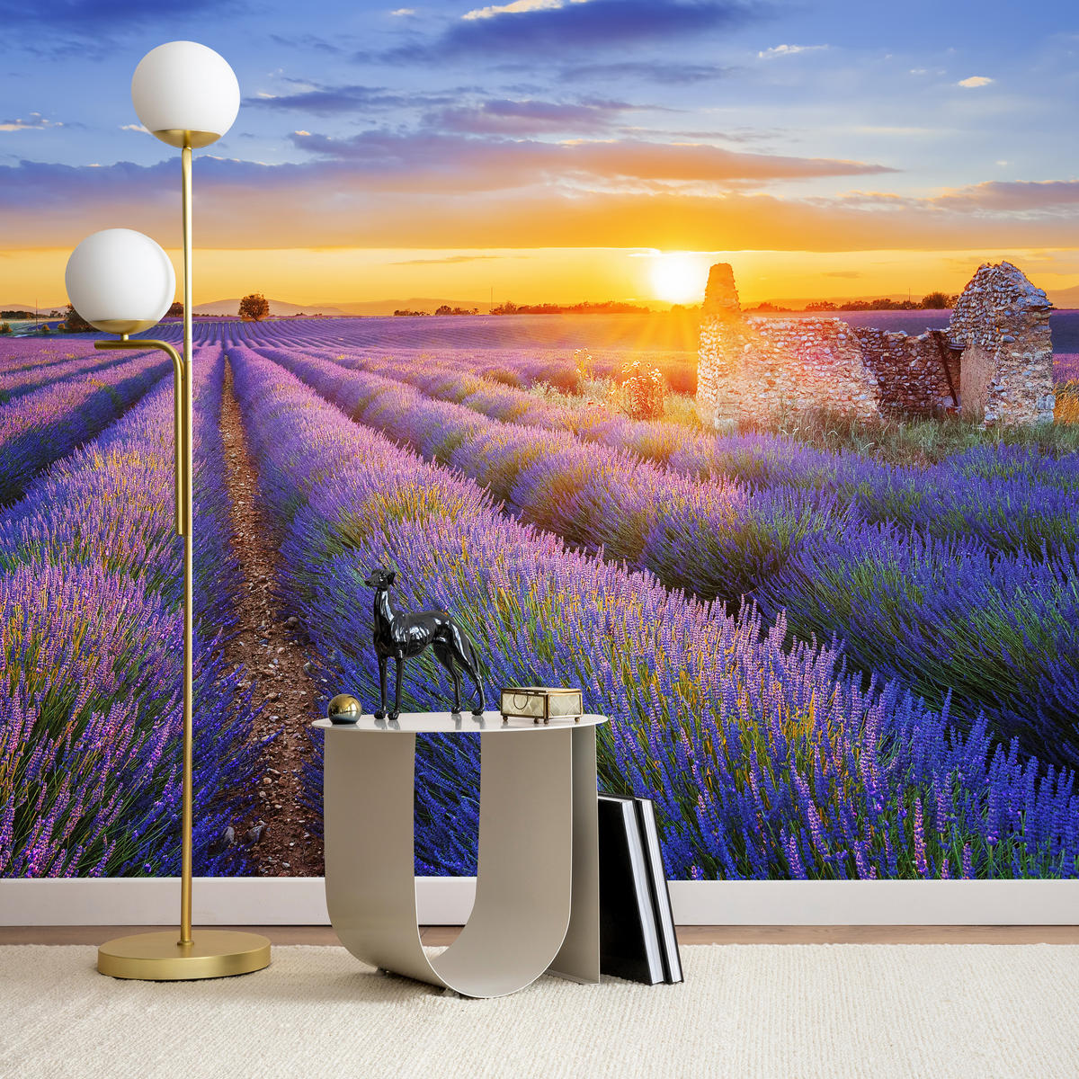 FOTOTAPETA Pre Obývaciu Izbu Levanduľové Pole Západ Slnka Fialová 250 x 175 cm - oranžová/zelená, papier (250/175cm) - Muralo