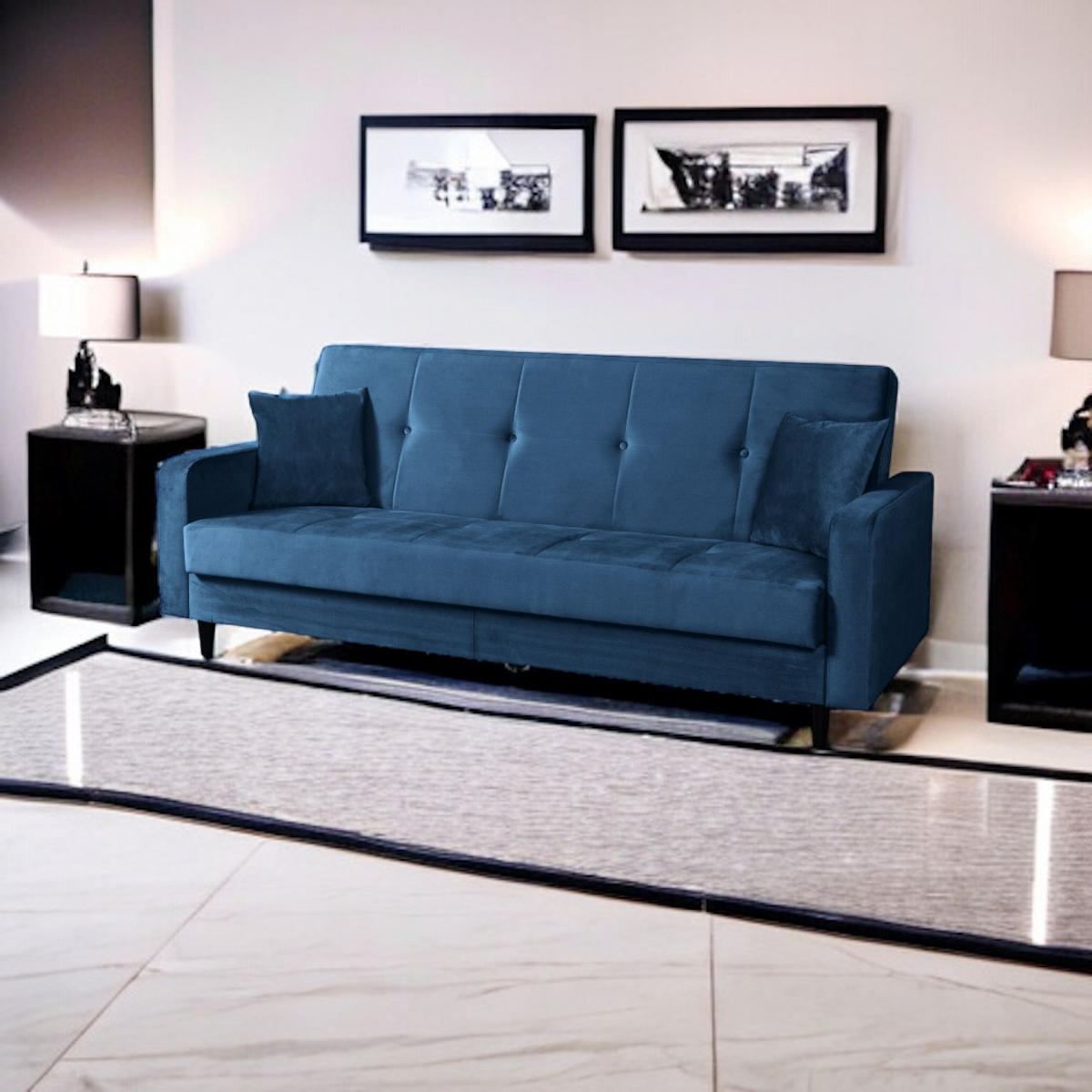 SOFA Luna 213cm im skandinavisches Stil, mit Schlaffunktion und Bettkasten, dunkelblau - Blau, Kunststoff (213/92/94cm) - Margaret Hadas24