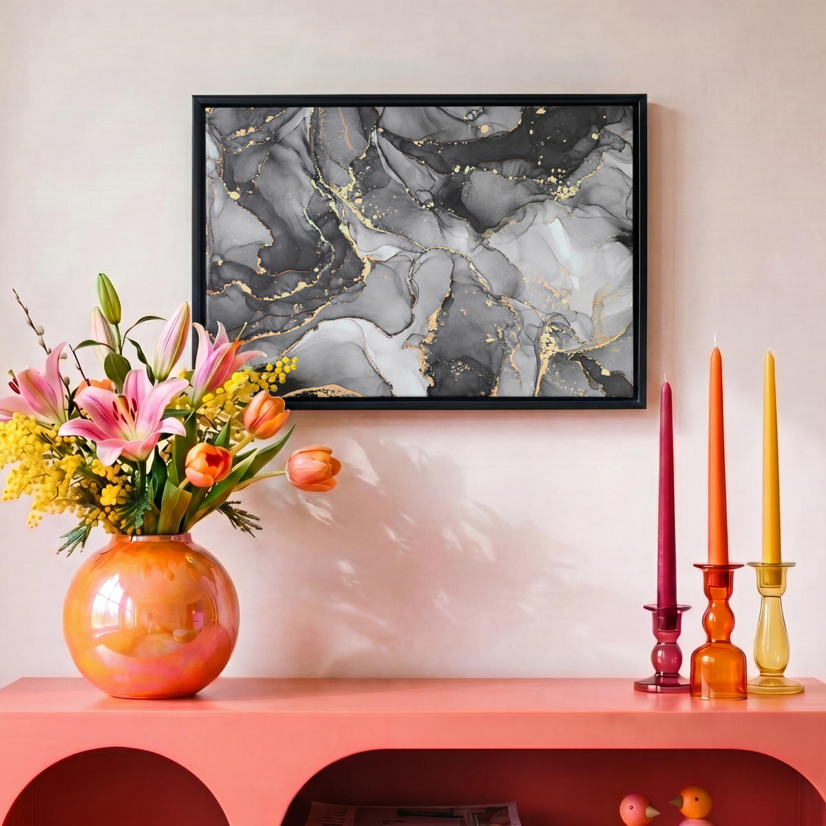 LEINWAND Bilder mit Rahmen - Grau - Luxus - Gold - Marmor - 30x20 - Dunkelgrau, Textil (30/20cm) - MuchoWow