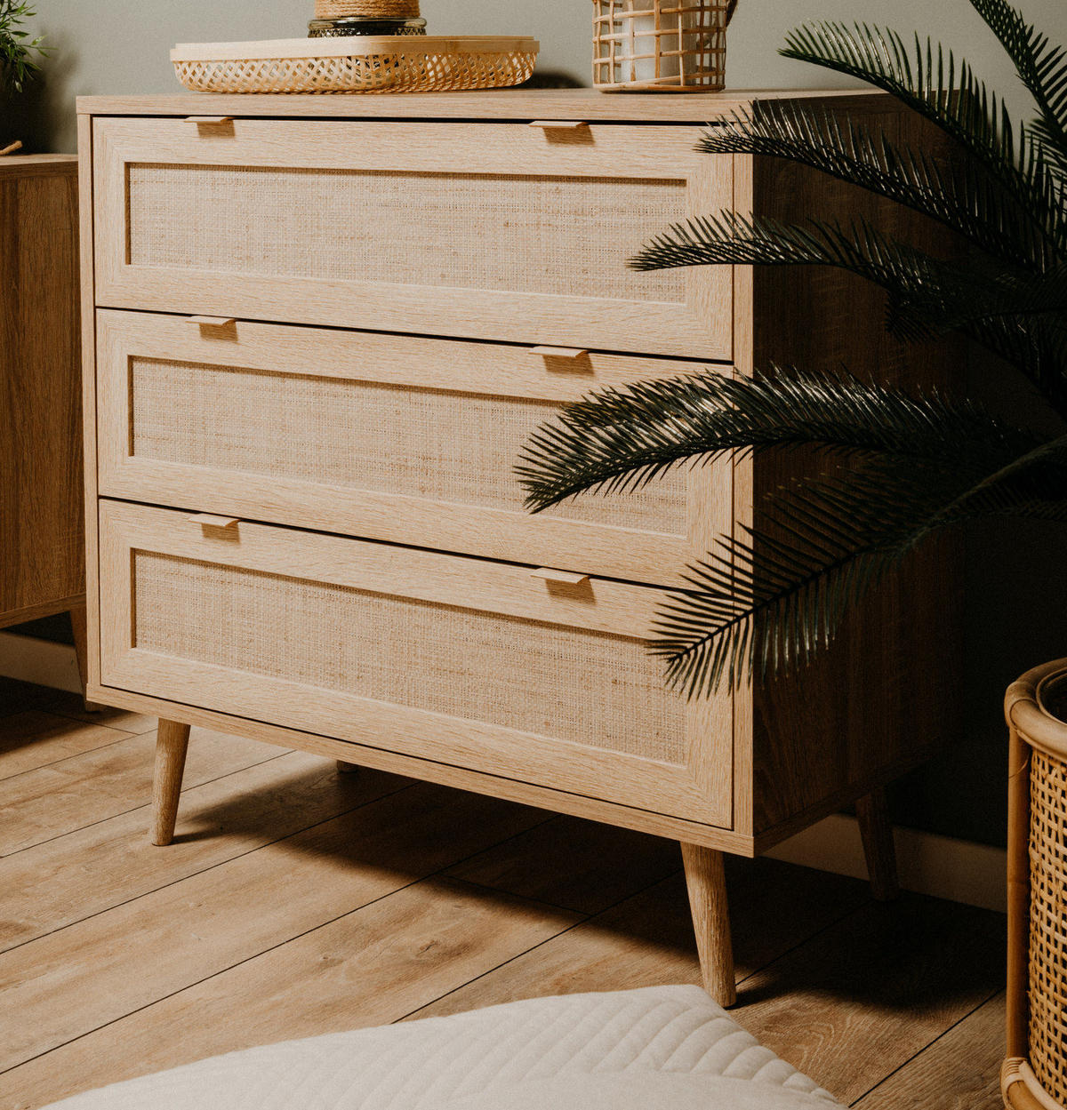 SCHUBLADENKOMMODE Eiche Sonoma, Bast-Dekor 80 cm, Kommode skandinavisch - Eichefarben, Holz/Holzwerkstoff (80/80/40cm) - Furn.Design