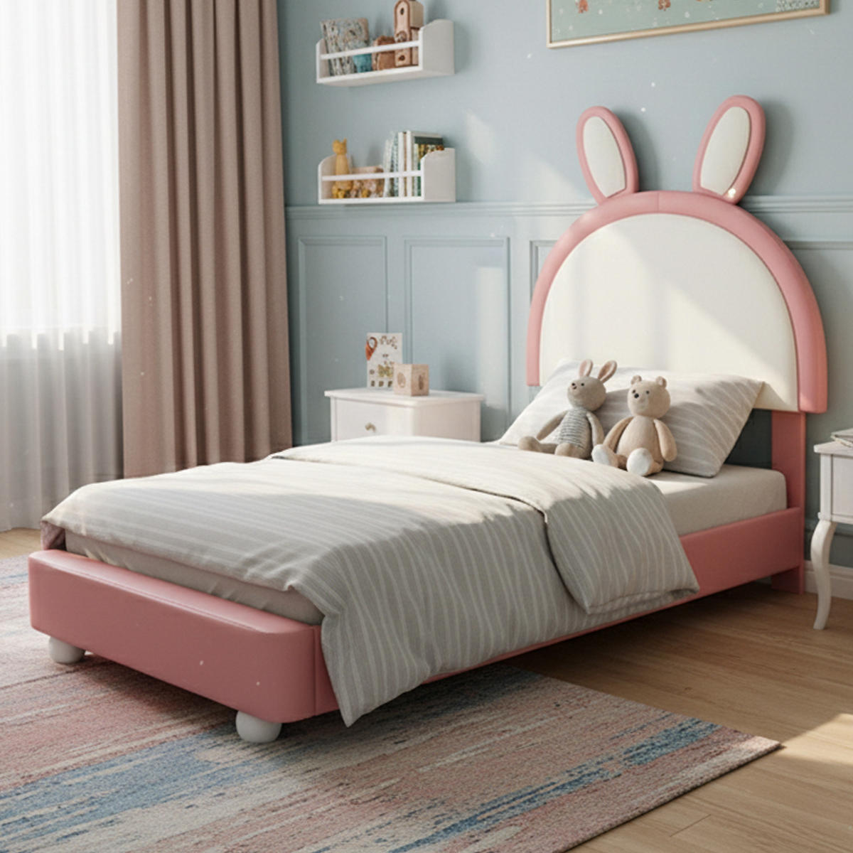 POLSTERBETT 90/200 cm in Rosa & Weiß mit LED und Hasen-Kopfteil - Rosa/Weiß, Holzwerkstoff/Textil (90/200cm) - STILVORA