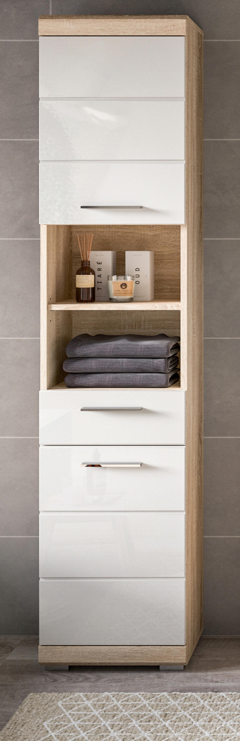 HOCHSCHRANK weiß Hochglanz, Eiche 37 cm, Badschrank mit 6 Fächern - Weiß Hochglanz/Eichefarben, Holzwerkstoff/Kunststoff (37/191/31cm) - Inn.Furn