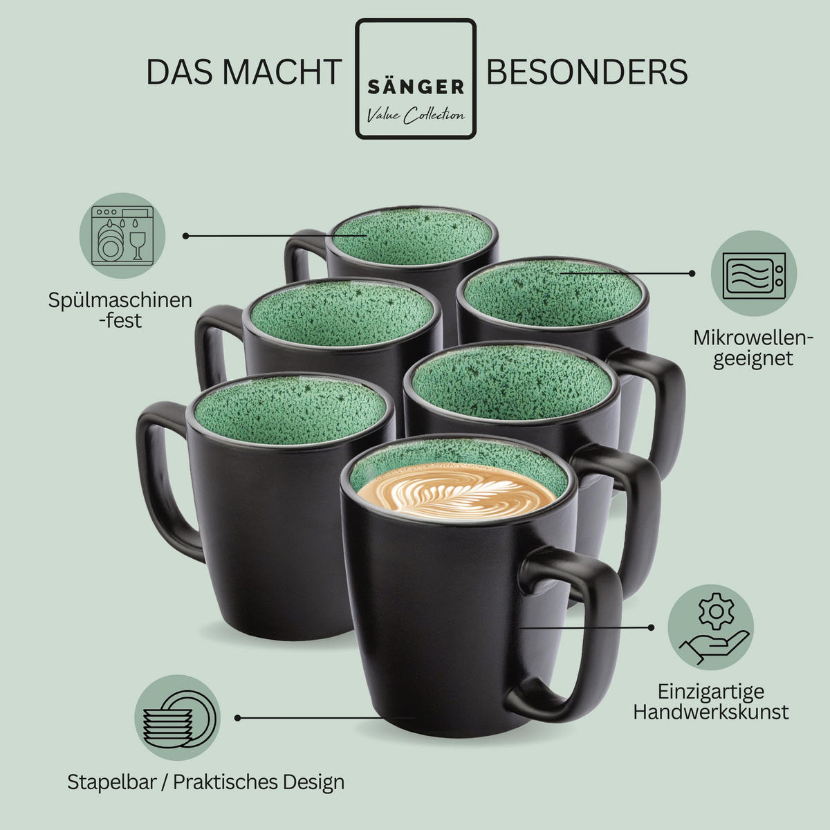 KAFFEEBECHER SET GREENWICH - 6 teilig aus Steingut - Grün, Stein (0.43L) - Sänger
