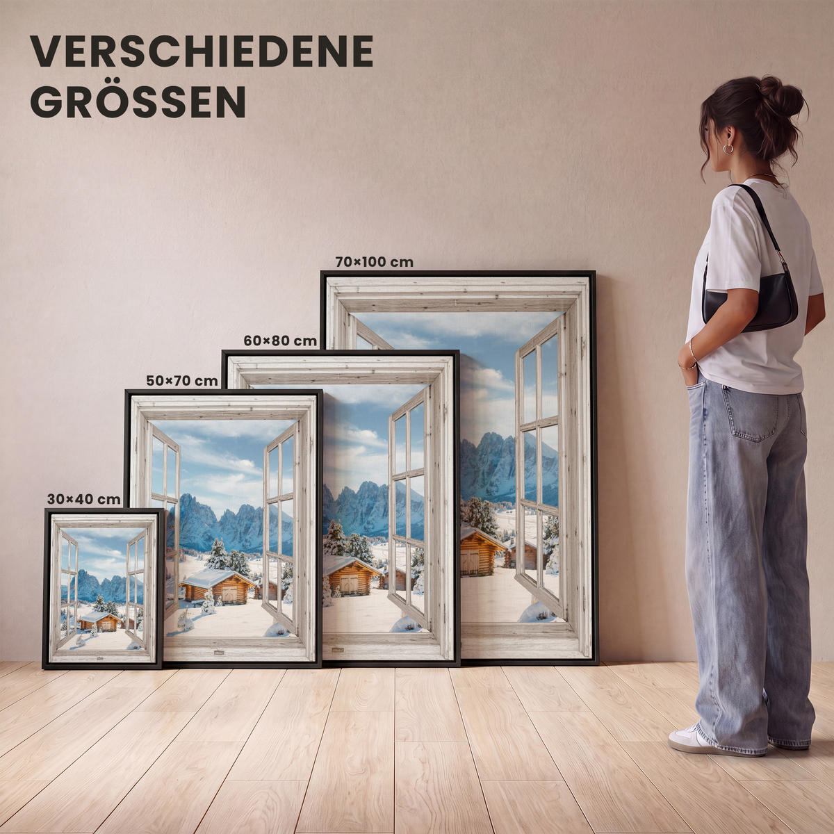 LEINWAND Bilder mit Rahmen - Winterlandschaft - Hütte - Berge - Ausblicke - Aussicht - Natur - 30x40 - Weiß Hochglanz, Textil (30/40cm) - MuchoWow
