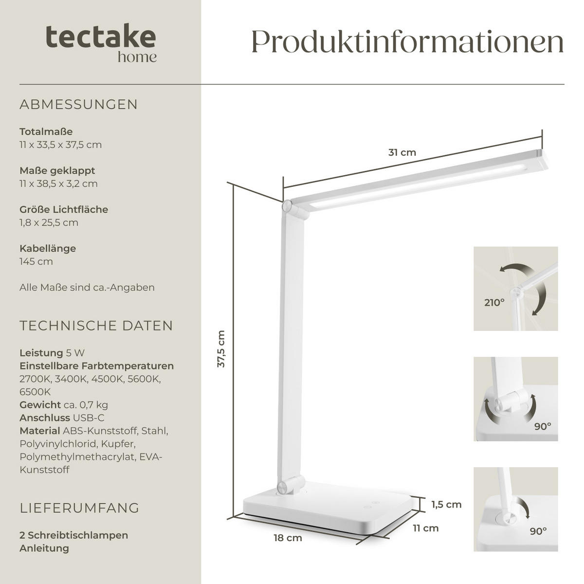 SCHREIBTISCHLAMPE Novaly,inklusive USB-Anschluss,weiß - Weiß, Kunststoff (33.5/11/37.5cm) - tectake
