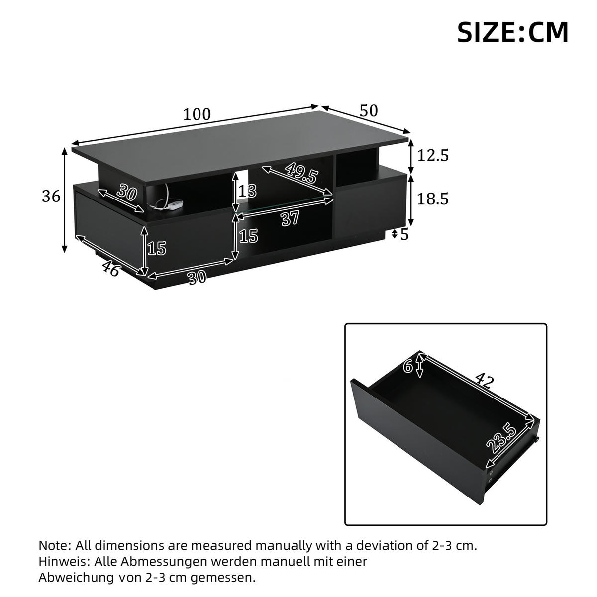 COUCHTISCH aus Spanplatte 100x50x36 cm in Schwarz mit LED-Beleuchtung - Schwarz, Holzwerkstoff (100/50/36cm) - Modfu