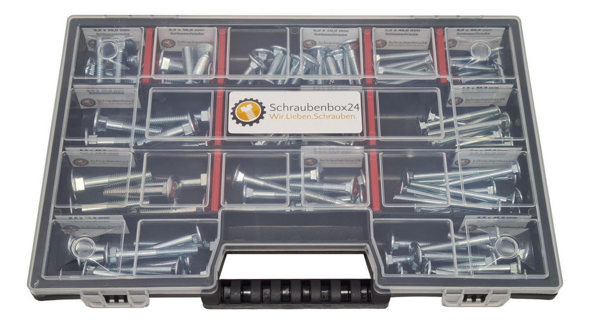 FLACHKOPFSCHRAUBEN Sortiment M5-M6-M8 // 30mm-60mm 115 tlg. Schraubenbox DIN 603 - Zinkfarben, Metall (3.5cm) - Schraubenbox24