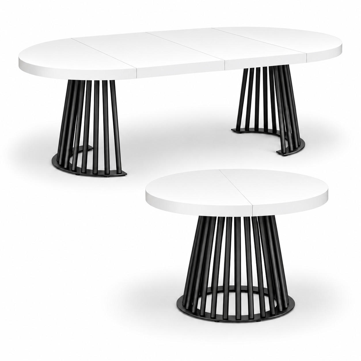 ESSTISCH rund ausziehbar 90/190/76 cm, Weiß, 54 cm Tischplatte + Lamellen-Metallgestell Schwarz - Schwarz/Weiß, Holzwerkstoff/Metall (90/190/76cm) - Damale Möbel