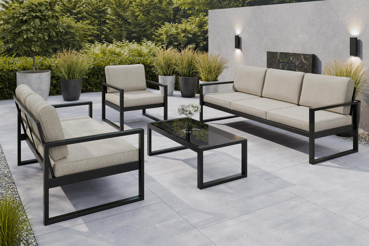 GARTENSET Madera für 6 Personen Balkonmöbel Aluminium Terassenmöbel Sitzbank, 4-tlg. Tisch schwarz, ecru - Ecru/Schwarz, Kunststoff/Metall - Margaret Hadas24