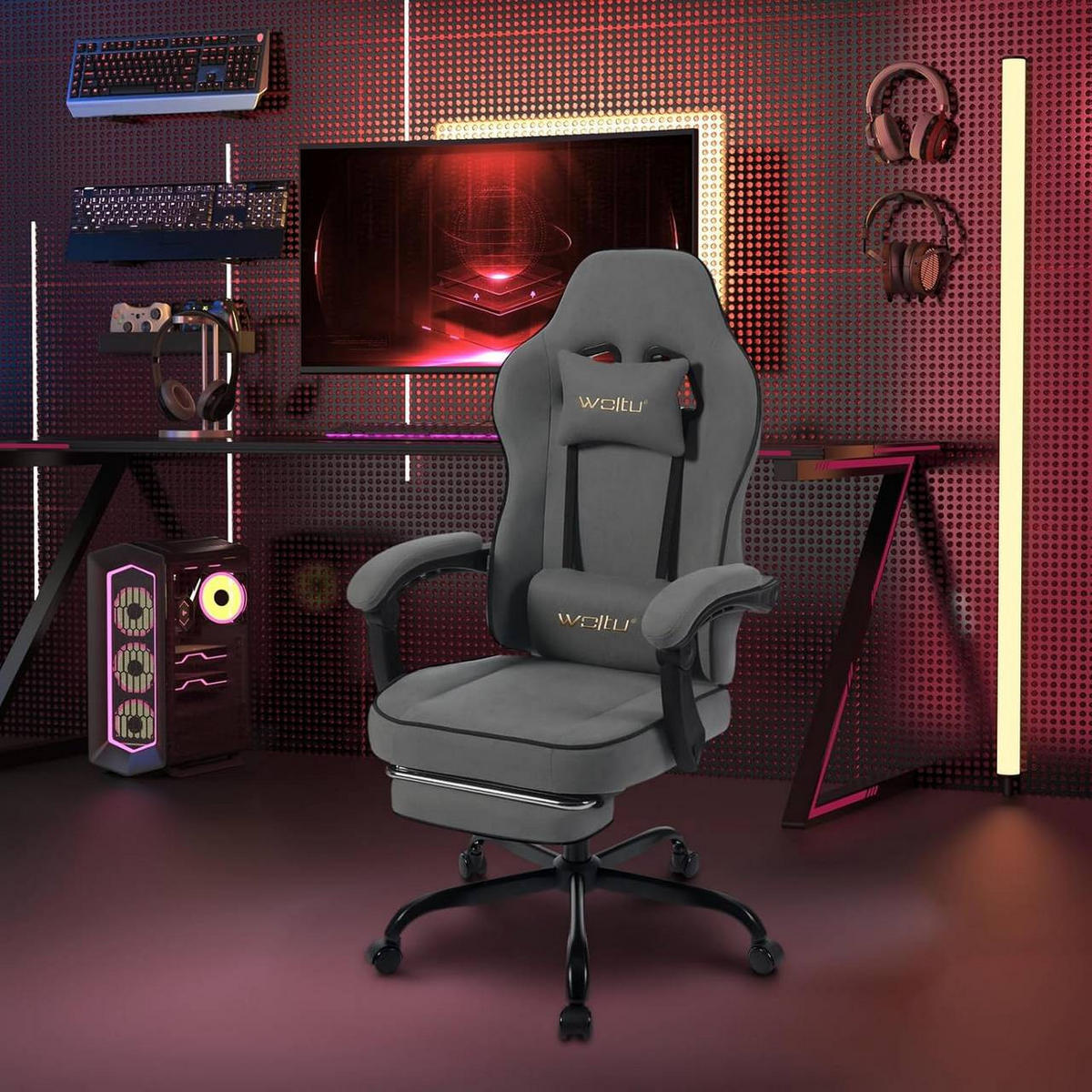 GAMINGSTUHL Drehstuhl, Tech-Stoff, Grau - Schwarz/Grau, Kunststoff/Textil (63.5/117.5/60cm) - Woltu