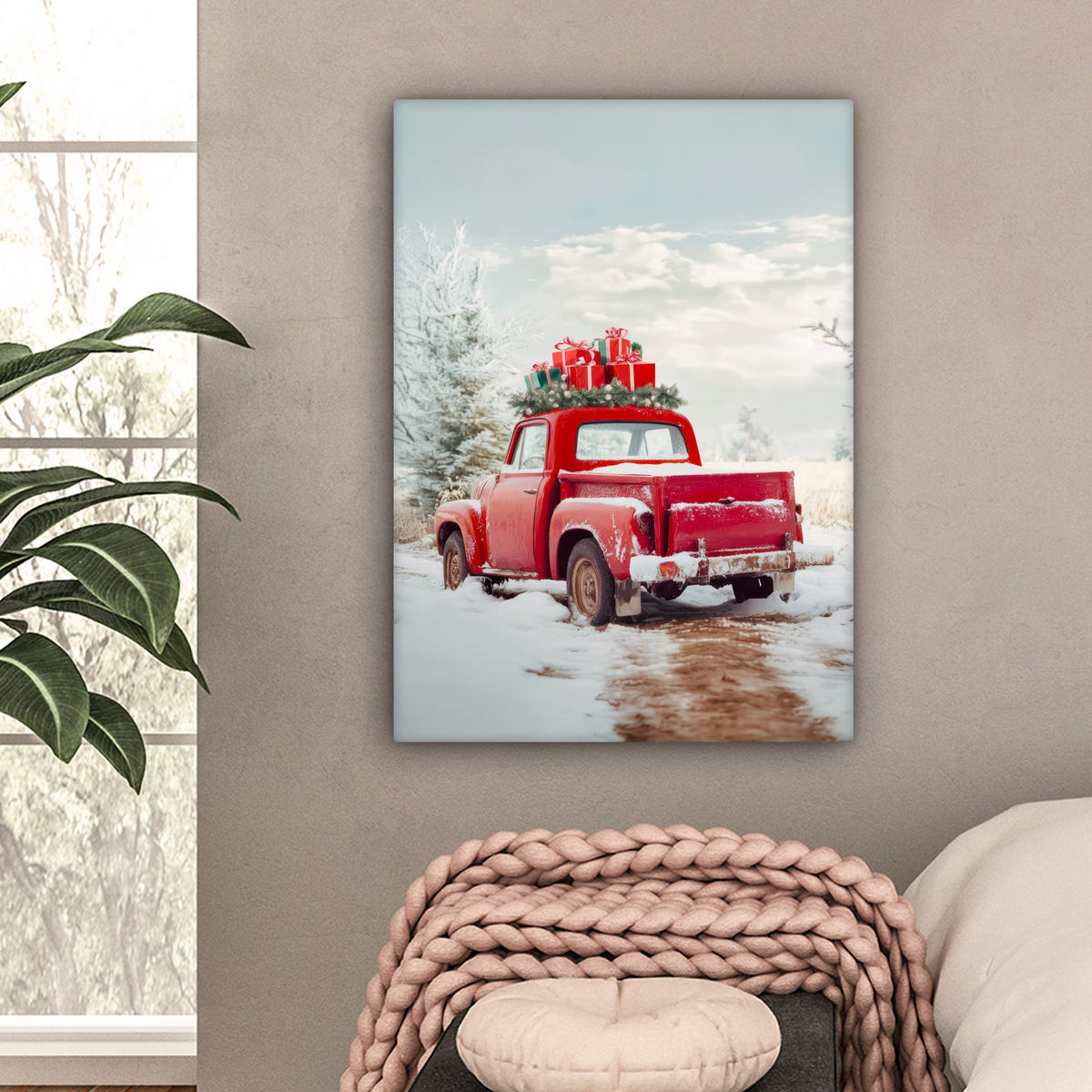 LEINWANDBILD Auto - Rot - Geschenke - Winter - Schnee - Weihnachten Wandbild Wohnzimmer 60x80 cm - Rot, Textil (60/80cm) - MuchoWow