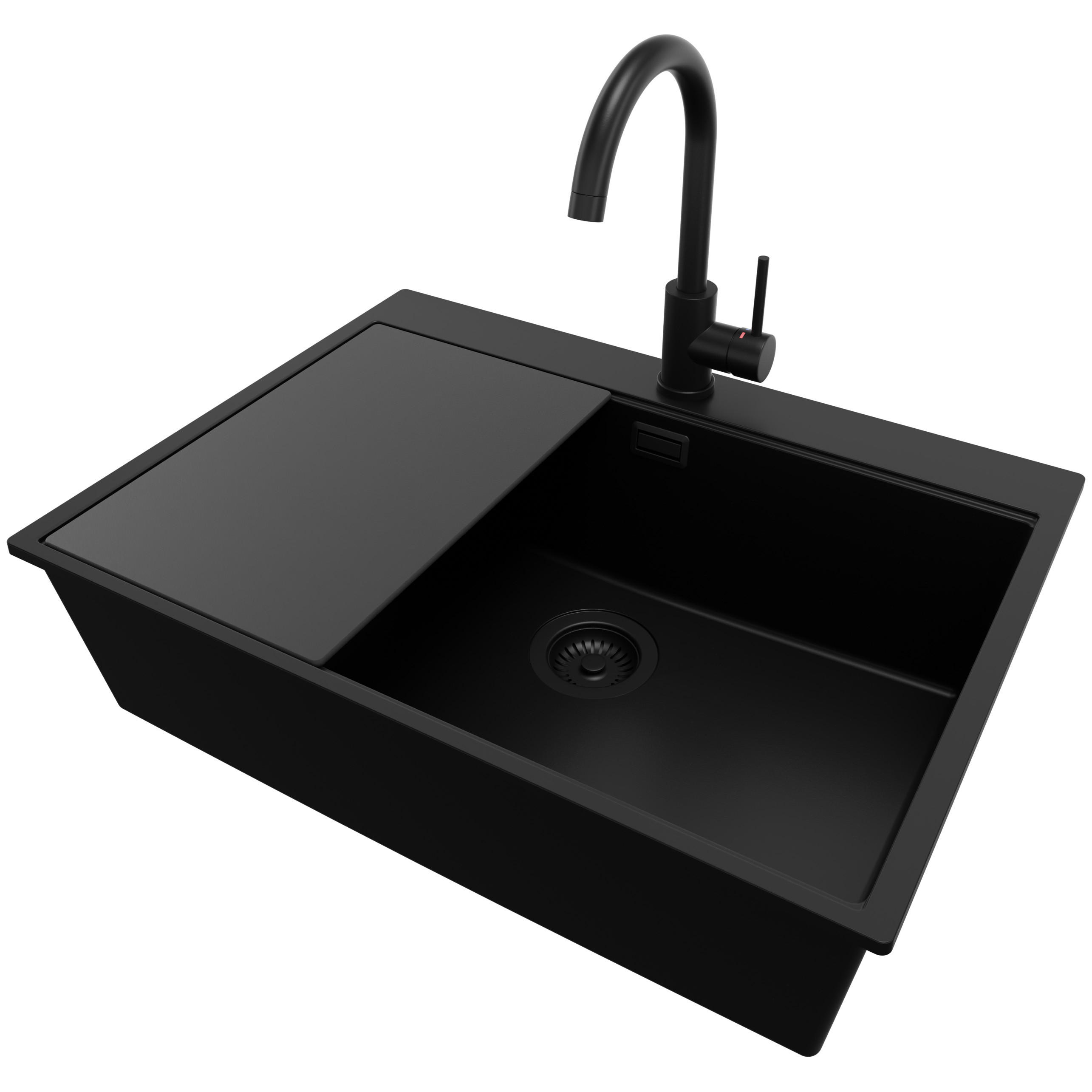 GRANITSPÜLE Oslo, 2-er set Alles Schwarz 68/50 cm 1 Becken + Küchenarmatur 32/20 cm + Ablauf-Set + Schneidebrett ab 70er Unterschrank - Schwarz, Kunststoff (68/20/50cm) - Primagran