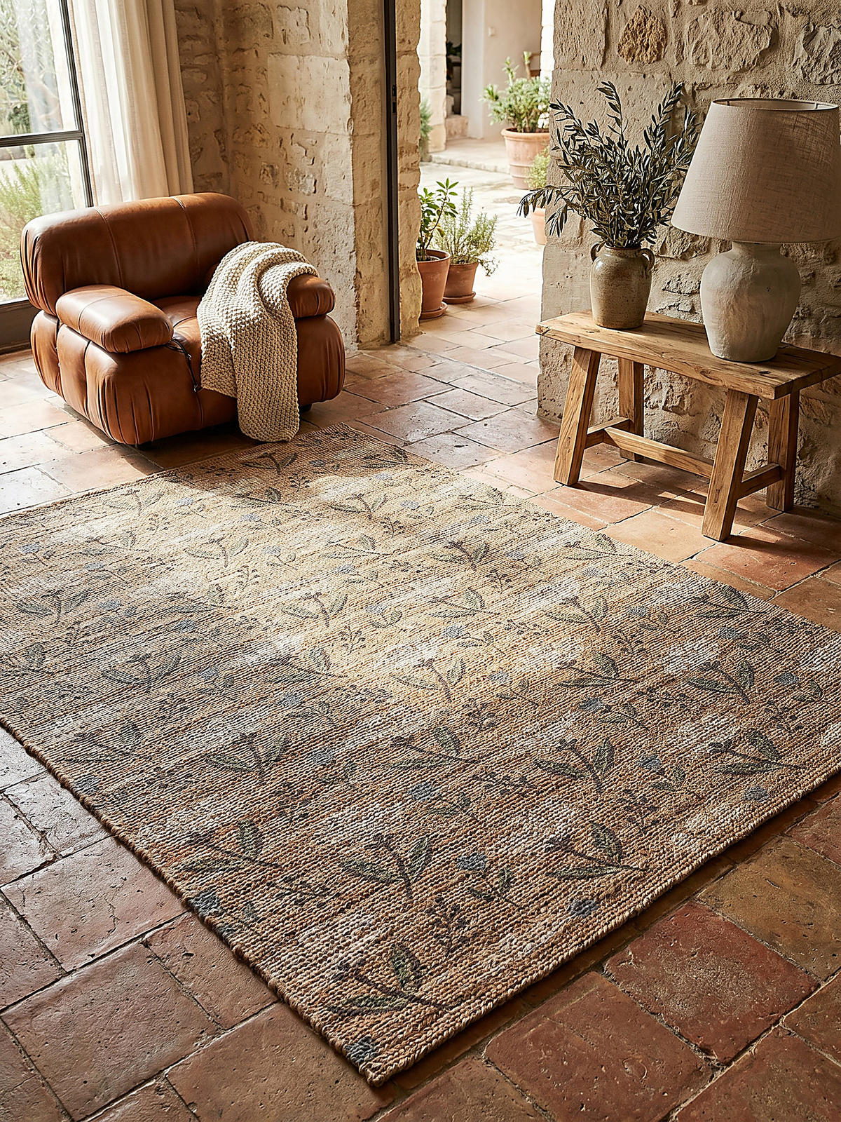 TEPPICH Jute Floral-Design, handgewebt JED, Naturfarben 200x290 cm - Braun, Textil (290/200cm) - KADIMA DESIGN