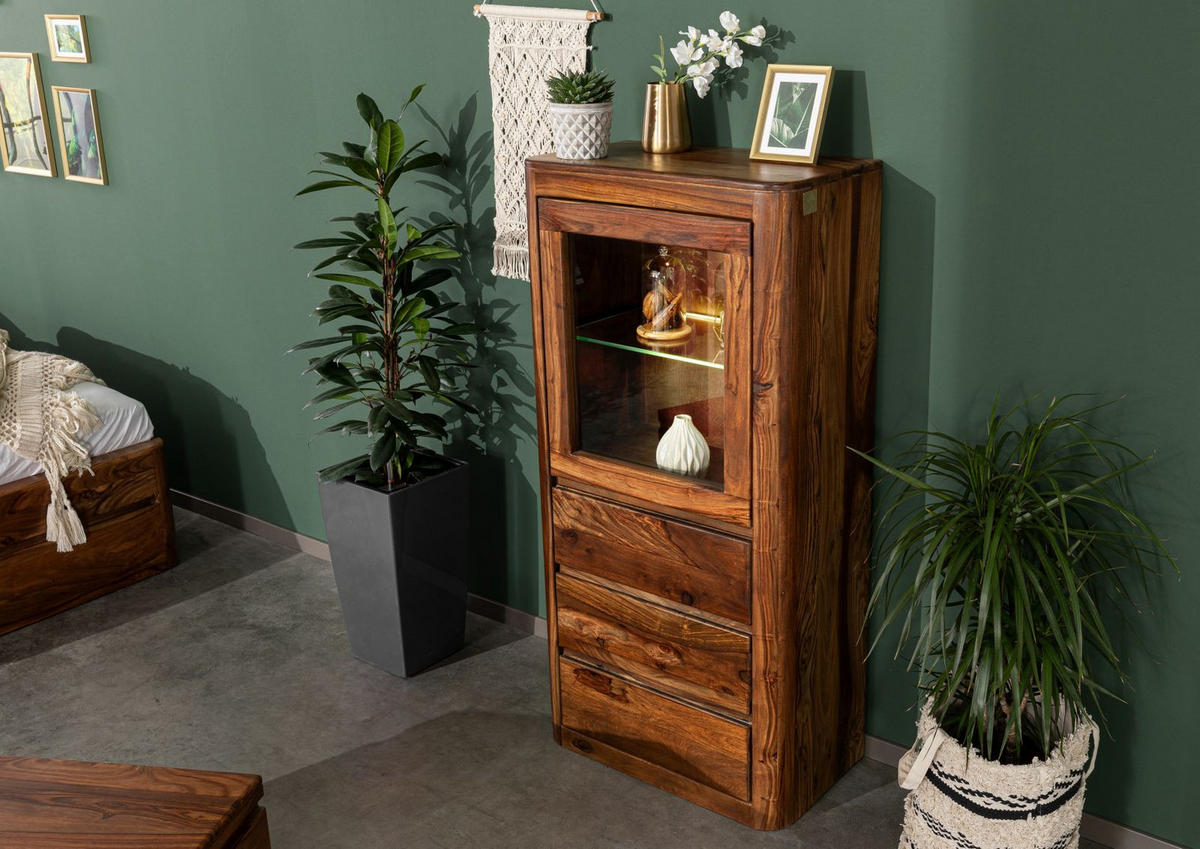 VITRINE Sheesham 70x40x145 walnuss gewachst TORONTO #208 - Walnussfarben, Holz (70/145/40cm) - Massivmoebel24