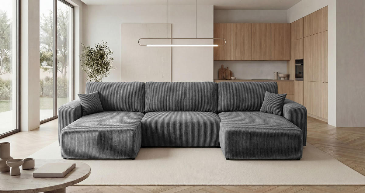 WOHNLANDSCHAFT BERLIN U-Form dunkelgrau Cord Poso 60 - Schlaffunktion, Bettkasten - Anthrazit, Textil (385/86/185cm) - Cornero