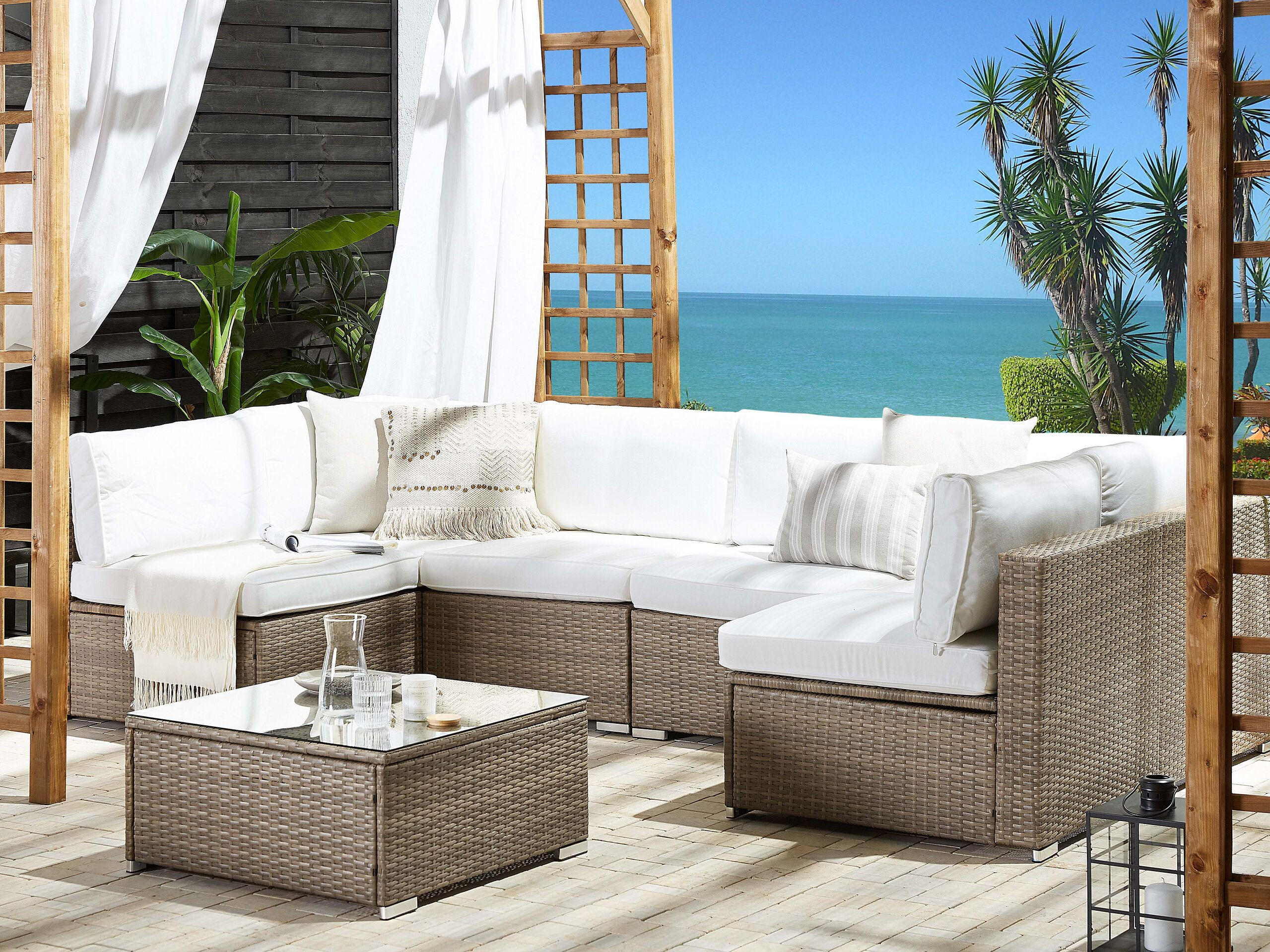 LOUNGE SET 6-Sitzer modular Braun Auflagen weiß Belvedere - Braun/Weiß, Kunststoff - Beliani
