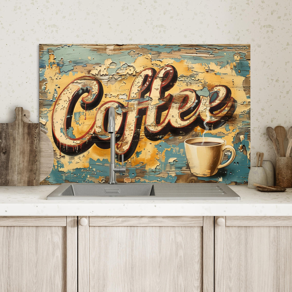 SPRITZSCHUTZ KÜCHE Kaffee - Vintage - Braun - Tasse 70x50 cm - Teakfarben, Metall (70/0.3/50cm) - MuchoWow