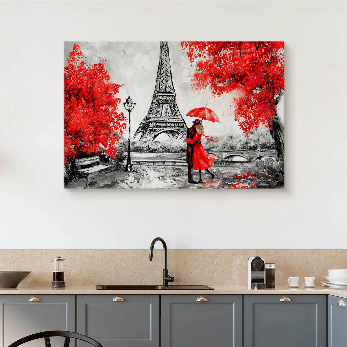 LEINWANDBILD Romantisches Paris Eiffelturm Bäume Malarei 100x70 - Rot/Schwarz, Textil (100/70cm) - Muralo