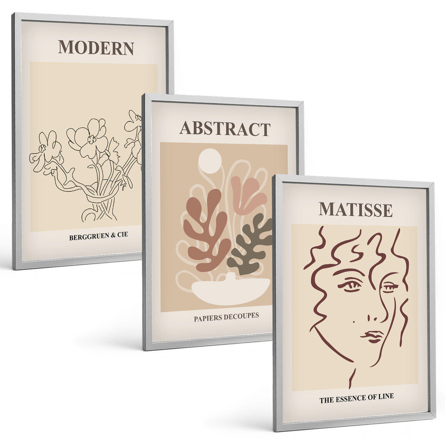 BILDER SET 3er Set - 40x60 cm Silberner Rahmen - Moderne Pflanzenlinien - Silberfarben, Kunststoff (40/60cm) - TULUP