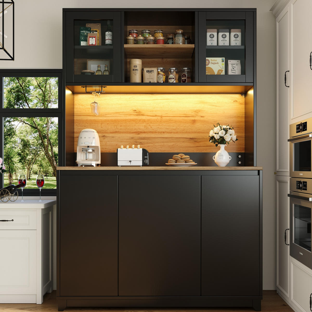 KÜCHEN-SIDEBOARD aus MDF 120x40x180 cm Schwarz mit LED-Beleuchtung, Acryltüren und Abfallfach - Schwarz, Holzwerkstoff (120/180/40cm) - IVMEU