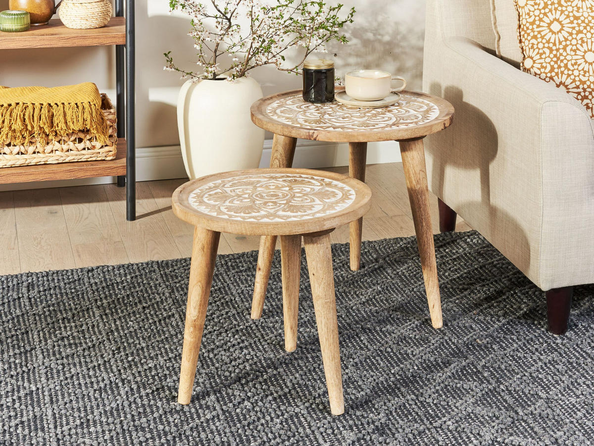 BEISTELLTISCH 2er-Set Mango Holz Braun/Weiß Sakita - Hellbraun, Holz (37/37/37cm) - Beliani